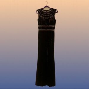 Betsy & Adam Black Velvet Maxi Dress with Sheer Paneling